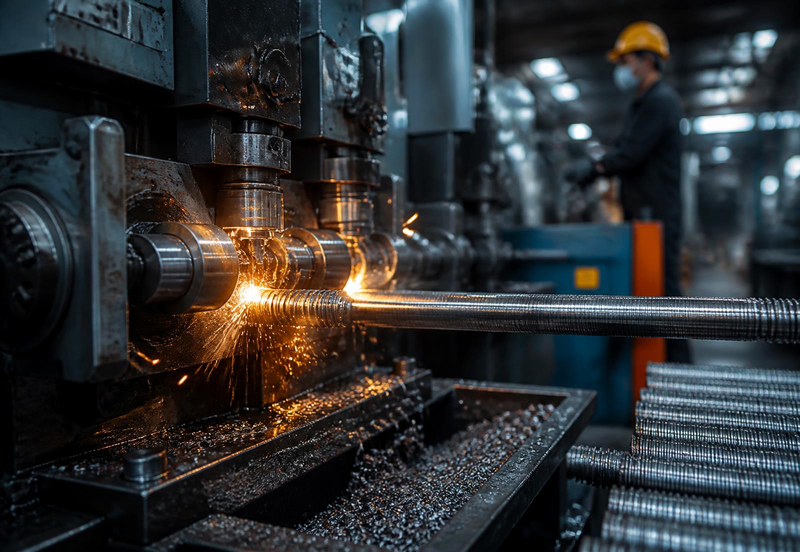 Thread rolling operation producing steel threaded rods on the manufacturing floor
